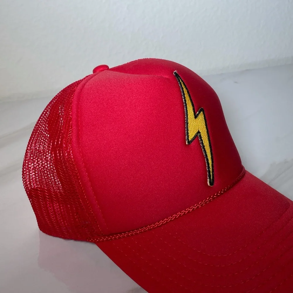 Aviator Nation Red Trucker Hat with Yellow Lightning Bolt